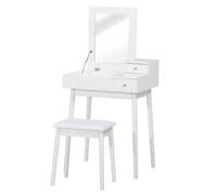 HOMCOM Coiffeuse Table de Maquillage avec Tabouret Miroir Rabattable Coffre + 2 tiroirs MDF Bois Massif pin Blanc Description:Cette superbe coiffeuse bureau 2 en 1 accompagnée d'un tabouret vous perme