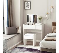 HOMCOM Coiffeuse Table de Maquillage Design Contemporain 80L x 40l x 79H cm Miroir escamotable, tiroir, Coffre + Tabouret Blanc