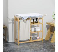 HOMCOM Collecteur de Linge, multifonction, Planche à Repasser & Sac en Tissu 57 L, Cadre en Bambou, 113x34x82 cm, Naturel/Gris