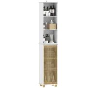 HomCom Colonne salle de bain – armoire haute, porte lattes bambou, étagères ouvertes, blanc