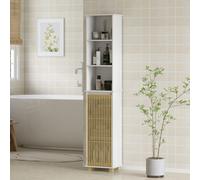 HOMCOM Colonne salle de bain, meuble salle de bain rangement avec porte à lattes en bambou et compartiments ouverts, blanc