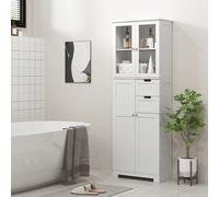 HOMCOM Colonne salle de bain, meuble salle de bain rangement haute moderne avec portes vitrées, placards, tiroirs et étagères réglables, armoire salle de bain, cuisine, salon, 60 x 30 x 170 cm, blanc