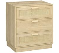HOMCOM Commode 3 tiroirs Commode Chambre Meuble de Rangement Style bohème avec Cadre en Bois, chiffonnier en rotin pour Chambre à Coucher, Salon, entrée dim. 60 x 38 x 69 cm, Bois Naturel