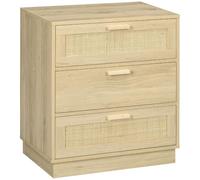 HOMCOM Commode 3 tiroirs Style Bohème 60 x 38 x 69 cm Bois Naturel | Commode Chambre, Meuble de Rangement, Cadre en Bois, Chiffonnier en Rotin, pour Chambre à Coucher, Salon, Entrée