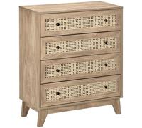 HOMCOM Commode 4 tiroirs – cannage en rotin, 80 x 35 x 95 cm, aspect bois clair