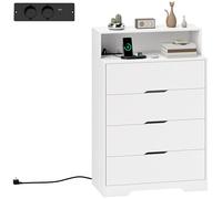HOMCOM Commode 4 tiroirs avec station de recharge, commode de chambre avec port USB, port USB-C, étagère ouverte, 80x40x120 cm, blanc.