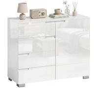 HOMCOM Commode 4 Tiroirs Buffet 1 Porte 100x40x80cm Blanc | Étagère réglable, meuble de rangement haut brillant, meuble TV, fonction d'amortissement, salon, chambre