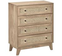 HOMCOM Commode 4 Tiroirs Cannage Rotin 80 x 35 x 95 cm Bois Clair