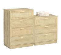 HOMCOM Commode 4 tiroirs + Commode 3 tiroirs, Meuble de Rangement Style bohème avec Cadre en Bois, chiffonnier en rotin pour Chambre à Coucher, Salon, entrée, Bois Naturel