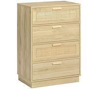 HOMCOM Commode 4 tiroirs Commode Chambre Meuble de Rangement Style bohème avec Cadre en Bois, en rotin pour Chambre à Coucher, Salon, entrée dim. 60 x 38 x 88,5 cm, Bois Naturel