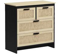 homcom Commode 4 tiroirs en aggloméré et rotin pour salon et chambre à coucher, 80 x 38 x 80 cm, noir et couleur bois