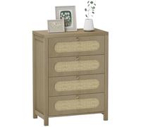HOMCOM Commode 4 tiroirs Meuble de Rangement Style bohémienne avec Portes en résine tressée, poignées dorés, Commode Chambre à Coucher, Salon - 70 x 38 x 93 cm, Effet Bois Naturel