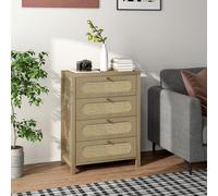 HOMCOM Commode 4 tiroirs meuble de rangement style bohémienne avec portes résine tressée, 70 x 38 x 93 cm, effet bois naturel