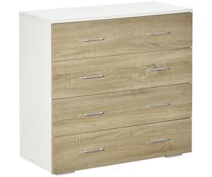 HOMCOM Commode 4 tiroirs, Meuble de Rangement, Style Contemporain, Dispositif Anti-basculement, 76 x 35 x 72 cm, Blanc et chêne Clair