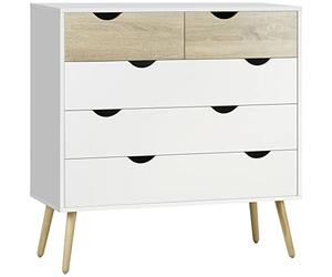 HOMCOM Commode 5 tiroirs Meuble de Rangement Chambre Design scandinave en Bois 99 x 39 x 101 cm Blanc Aspect chêne Clair