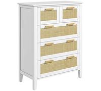 HOMCOM Commode 5 Tiroirs Poignées Bois Massif Glissières Métal Bureau Blanc