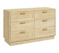 HOMCOM Commode 6 tiroirs Commode Chambre Meuble de Rangement Style bohème avec Cadre en Bois, en rotin pour Chambre à Coucher, Salon, entrée, 110 x 40 x 69 cm, chêne