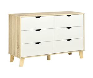 HOMCOM Commode 6 tiroirs Commode Chambre Meuble de Rangement Style scandinave avec Pieds en Bois, pour Chambre à Coucher, Salon, 120 x 40 x 76 cm, Aspect Bois et Blanc