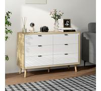 HOMCOM Commode 6 tiroirs, meuble de rangement à haute brillance, 5 pieds en bois, 110 x 40 x 75 cm, blanc et chêne