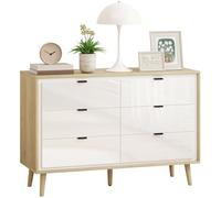 HOMCOM Commode 6 tiroirs, Meuble de Rangement à Haute Brillance avec 5 Pieds en Bois, Style Moderne, Commode pour Chambre à Coucher, Salon, Couloir, 110 x 40 x 75 cm, Blanc et chêne