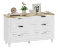 HOMCOM Commode 6 tiroirs, Meuble de Rangement avec Pieds en Bois de pin, Style Moderne, Commode pour Chambre à Coucher, Salon, Couloir, 120 x 38 x 71 cm, Bois Naturel et Blanc