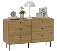 HOMCOM Commode 6 tiroirs, Meuble de Rangement étroit avec Pieds en Acier, Coins arrondis et poignées en Bois, Style Moderne, Commode pour Chambre à Coucher, Salon, Couloir, 120 x 40 x 75 cm, chêne