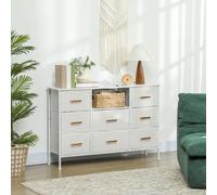 HOMCOM Commode 8 tiroirs en tissu bouclette, meuble de rangement avec 2 prises de courant, structure en acier 110x30x76cm crème