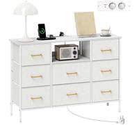 HOMCOM Commode 8 tiroirs en Tissu Bouclette, Meuble de Rangement avec Prises de Courant, Port USB et Type-C, Design Moderne, Structure en Acier, chiffonnier pour Salon, Chambre, entrée, crème