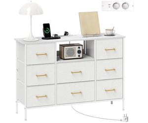HOMCOM Commode 8 tiroirs en Tissu Bouclette, Meuble de Rangement avec Prises de Courant, Port USB et Type-C, Design Moderne, Structure en Acier, chiffonnier pour Salon, Chambre, entrée, crème