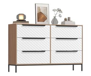 HOMCOM Commode à 6 tiroirs en Tissu, Commode de Chambre à Coucher, façades de tiroirs à Motifs de Diamants, Commode pour Salon, Bureau, Dressing, Naturel et Blanc