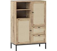 HOMCOM Commode, armoire de rangement avec portes en rotin, armoire polyvalente avec tiroirs et étagères réglables, cadre métallique, pour salon, chambre, salle à manger, 80 x 40 x 120 cm, bois naturel