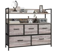 HOMCOM Commode avec 5 Tiroirs en Tissu Pliables, Effet Bois Gris | Commode Chambre, Meuble de Rangement, Étagères Ouvertes, Plateau, Cadre en Acier, Style Industriel, pour Chambre, Salon