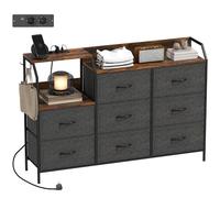 HOMCOM Commode avec Station de Recharge, 8 tiroirs en Tissu Pliables, Commode Chambre, Meuble de Rangement, étagère Ouverte et Crochets, Cadre en Acier, pour Chambre, Salon, Couloir, Marron Rustique