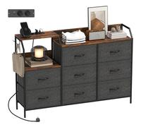 HOMCOM Commode avec Station de Recharge, 8 tiroirs en Tissu Pliables, Commode Chambre, Meuble de Rangement, étagère Ouverte et Crochets, Cadre en Acier, pour Chambre, Salon, Couloir, Marron Rustique