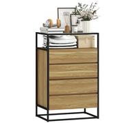 HOMCOM Commode chambre à coucher avec plateau en verre trempé, étagère ouverte, en acier, commode pour salon, couloir, 60 x 40 x 94,5 cm, couleur teck