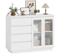 HOMCOM Commode Chambre, Meuble de Rangement avec 4 tiroirs et 2 Portes en Verre trempé, étagère réglable, Armoire Salon, Buffet Cuisine et Salle à Manger 120 x 40 x 91 cm, Blanc