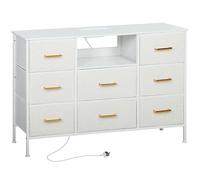 HOMCOM Commode en Boucle à 8 tiroirs en Tissu avec Station de Charge, 2 Ports USB et 2 Ports AC, Cadre en Acier, Commode en Tissu pour Salon, Chambre à Coucher, Couloir, Blanc crème