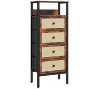 HOMCOM Commode en tissu avec 4 tiroirs avec façades en rotin et cadre en acier pour salon 50 x 30 x 126 cm Marron rustique
