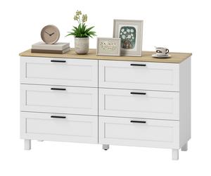 HOMCOM Commode moderne 6 tiroirs en panneaux de particules, pin et MDF, 120x38x71 cm, Blanc et couleur bois