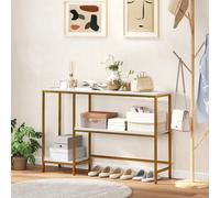 HOMCOM Console meuble 120 cm, table console 3 niveaux avec étagères de rangement, plateaux imitation marbre, blanc et doré