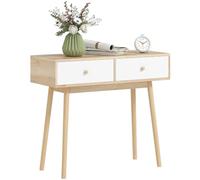 HomCom Console style nordique 2 tiroirs coulissants pieds en bois 86×35×75 cm chêne/blanc