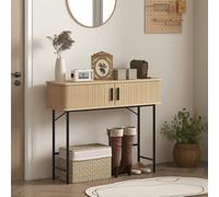 HOMCOM Console meuble, table console avec portes coulissantes à lattes et pieds en acier, pour salon, chêne et noir