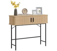HOMCOM Console Meuble, Table Console, Console entrée, Table d'entrée avec Portes coulissantes à Lattes et Pieds en Acier, Bout de canapé pour Salon, chêne et Noir