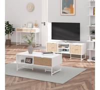 HOMCOM Table Console Industriel 2 tiroirs Aspect Bois de chêne sculpté Motif à Chevrons piètement métal Blanc