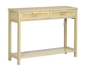 HOMCOM Console Table d'appoint dim. 100L x 30l x 76H cm 2 tiroirs façades cannage en rotin étagère MDF Aspect Bois Clair