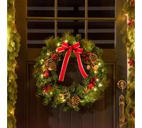 HOMCOM Couronne de Noël artificielle lumineuse avec 20 LED de 60 cm - décorée de houx et de pommes de pin