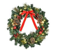 HOMCOM Couronne de Noël artificielle lumineuse avec 20 LED de 60 cm - décorée de houx et de pommes de pin