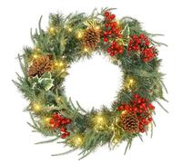 HOMCOM Couronne de Noël Lumineuse 60 cm 35 LED Blanc Chaud Minuterie Vert | Couronne de Noël de Porte d'Entrée, 170 Pointes, Pommes de Pin, Baies, Feuilles de Houx, pour Porte Mur Cheminée