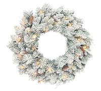 HOMCOM Couronne de Noël Lumineuse 60 cm 35 LED Blanc Chaud Vert et Blanc | Minuterie, Couronne de Noël Floquée, pour Porte d'Entrée Cheminée Mur ou Fenêtre, 98 Pointes, Pommes de Pin