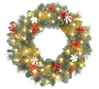 HOMCOM Couronne de Noël Lumineuse 60 cm avec 50 LED Blanc Chaud, minuterie, Couronne de Noël de Porte d'entrée, 146 Pointes, Pommes de pin, Baies, Boules décoratives, pour Porte, Mur, cheminée, Vert